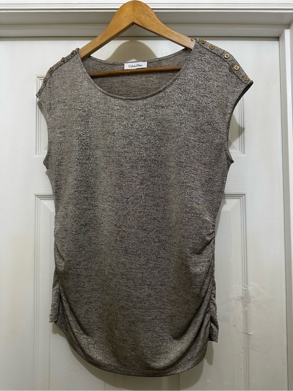 Calvin Klein Metallic Taupe Sleeveless Button-Shoulder Tank